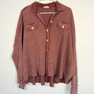 Easel Burgundy Mineral Wash Oversized Button Down Shirt Jacket M Boho